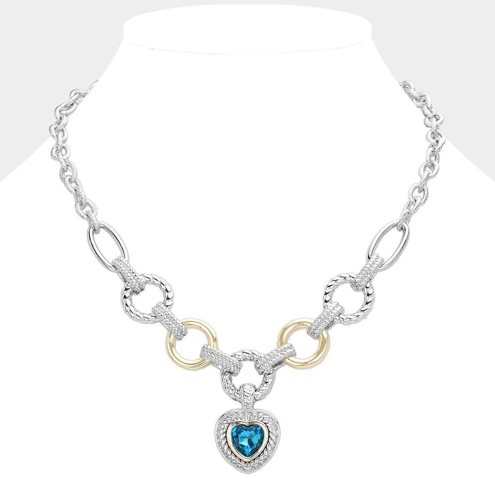 Heart Stone Pointed Pendant 2-Tone Textured Link Necklace